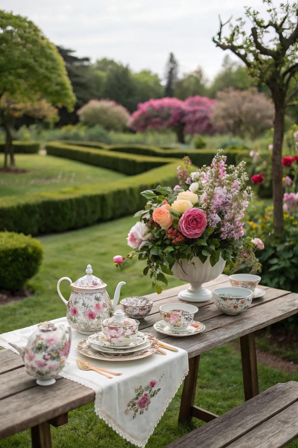 A floral tea service ideally suited for an outdoor event.