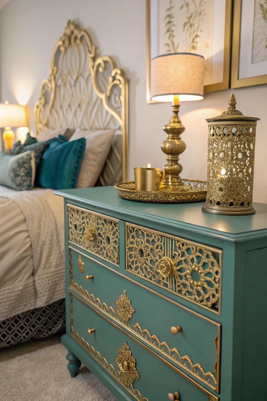 Gilded filigree accents convey complex elegance to this bedroom.