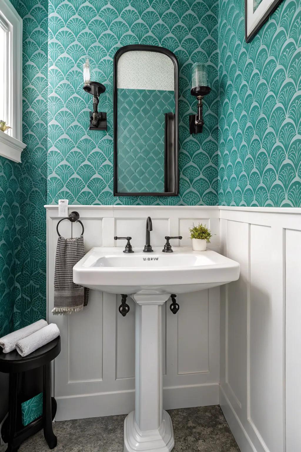Create depth with textured aquatic green wallcovering.