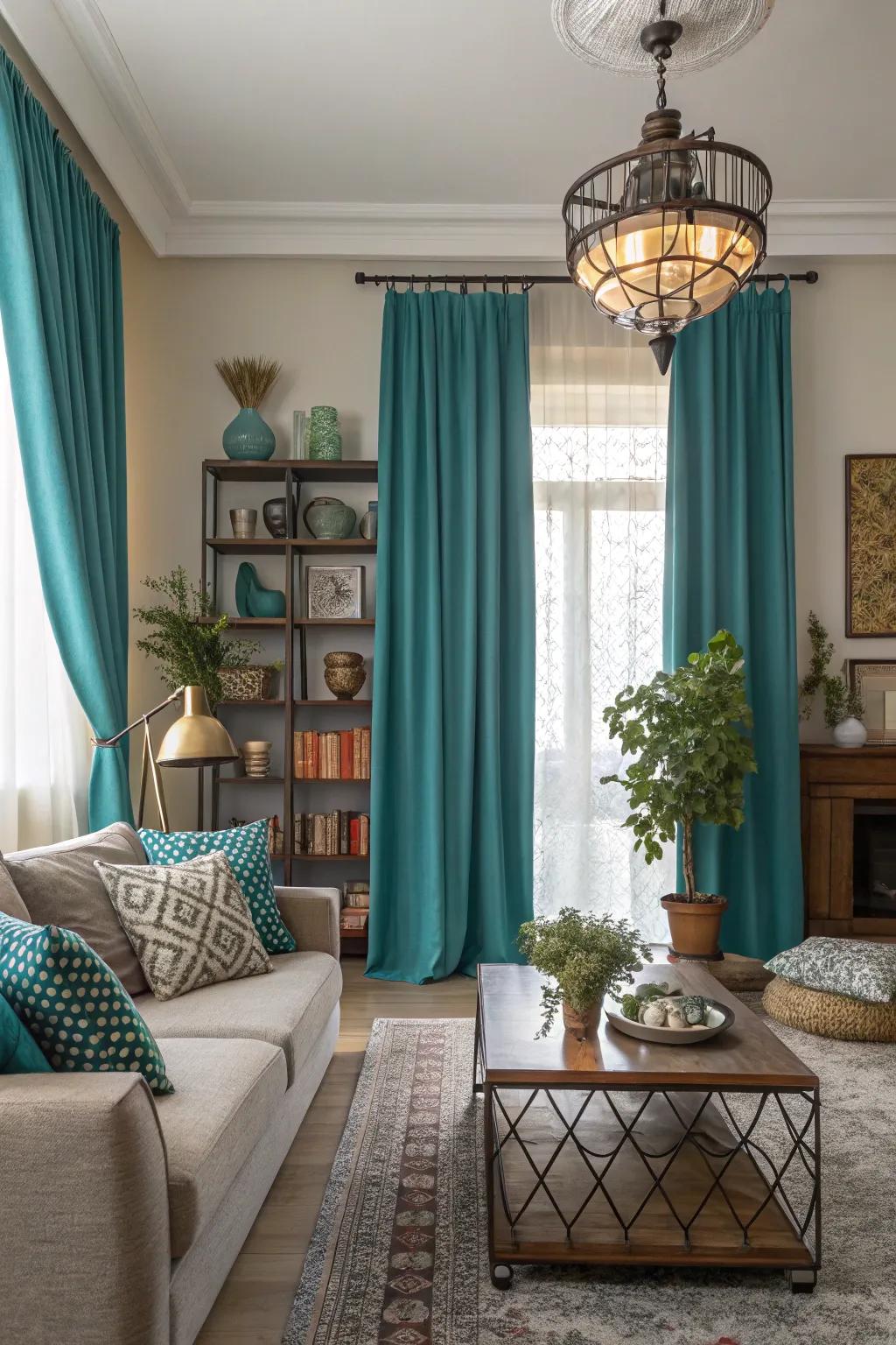 Azure window coverings beautifully frame the windows, enhancing the room's ambiance.
