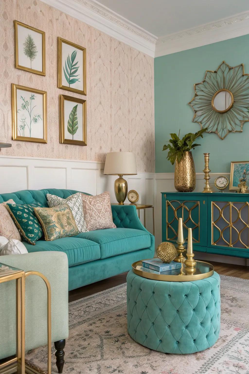 Metallic features add a charming touch to teal and turquoise design.