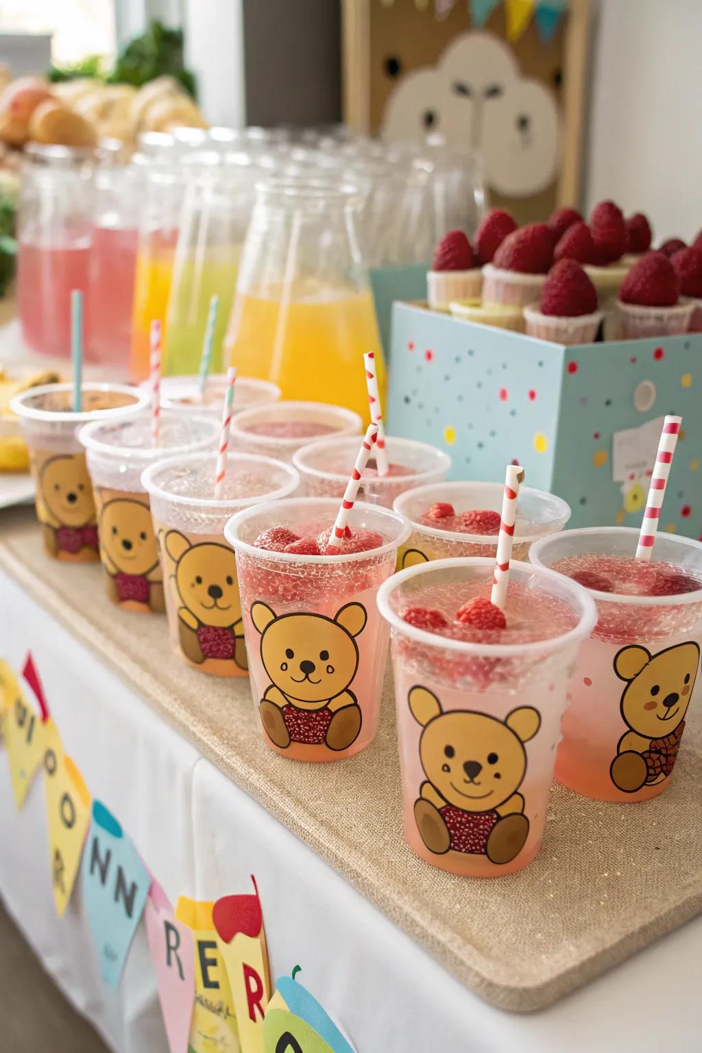 Cuddle bear vessels add a playful aspect to the beverage station.