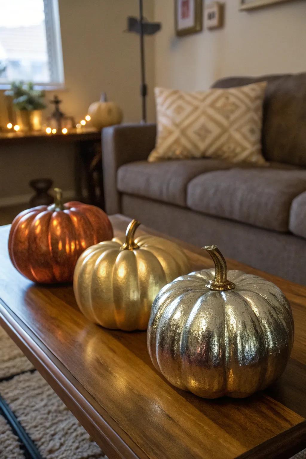Sophisticated lustrous coated pumpkins, yielding a modern aesthetic.