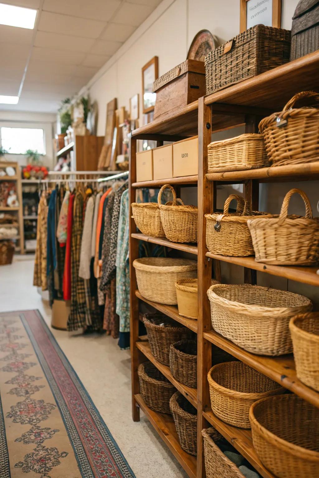 Woven bins introducing systemization and texture to an area.