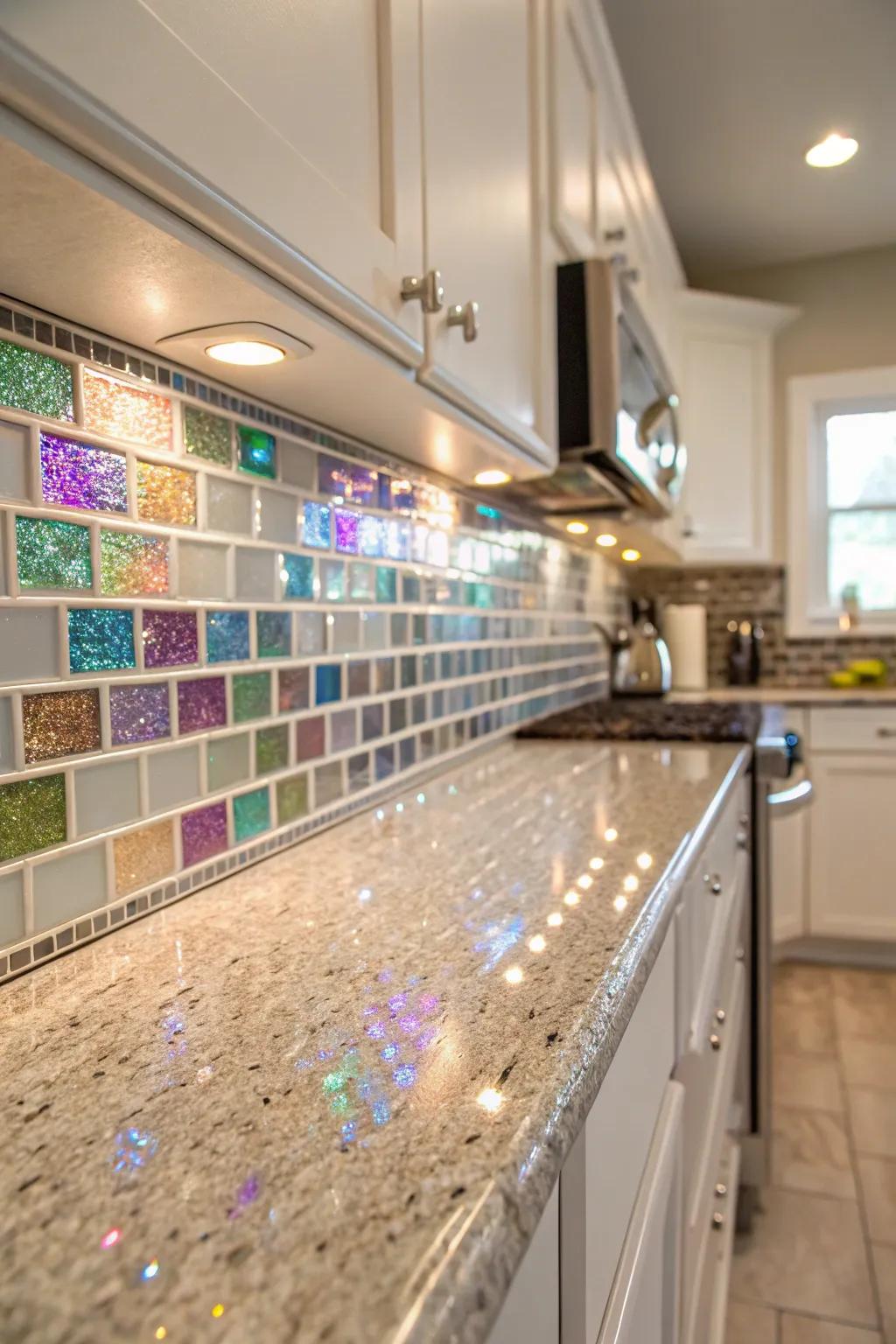 Glass trim adds a glamorous touch to tile designs.