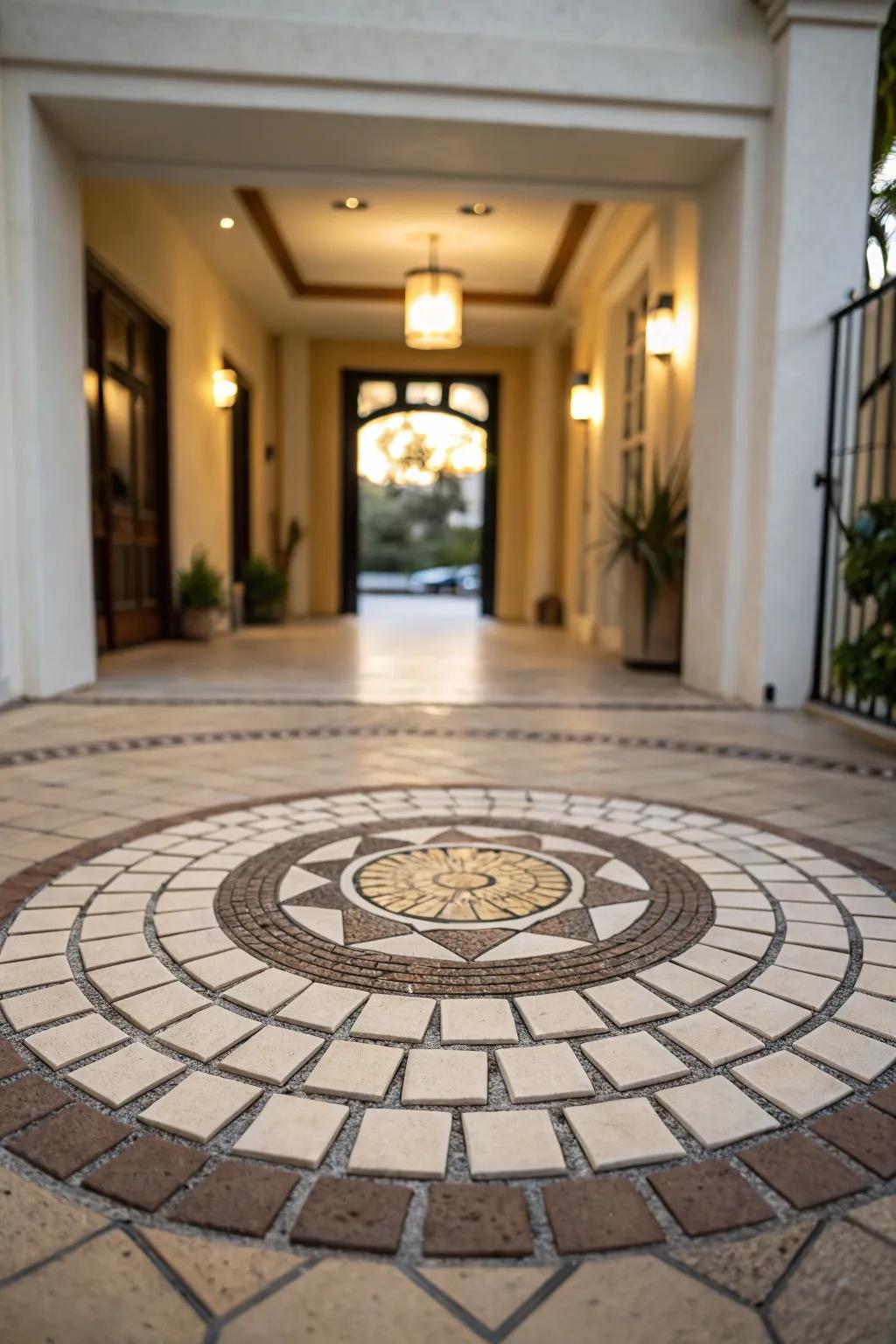 A circular rectangular paving slab layout creates a bold assertion in this entryway.