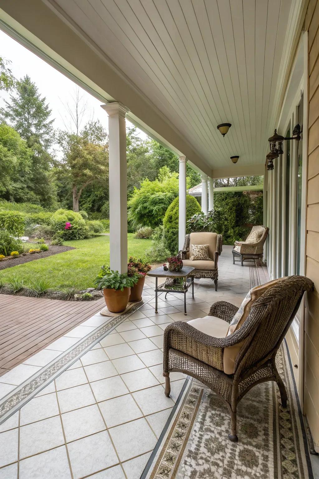 A cozy roofed porch ideal for relishing the outdoors in any climate.