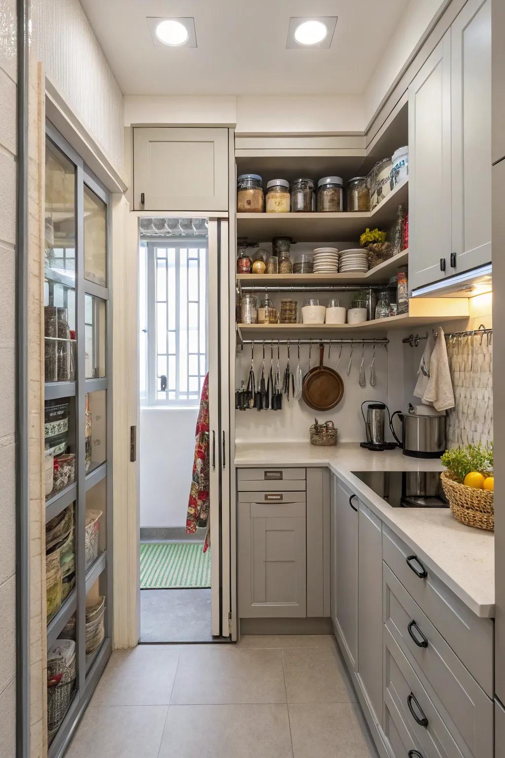Vertical storage maximizes space and introduces elevation to a petite cooking space.