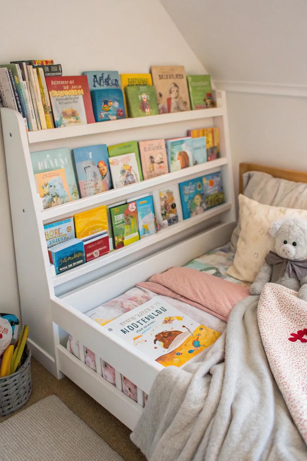 A bed with a built-in bookshelf for little readers.