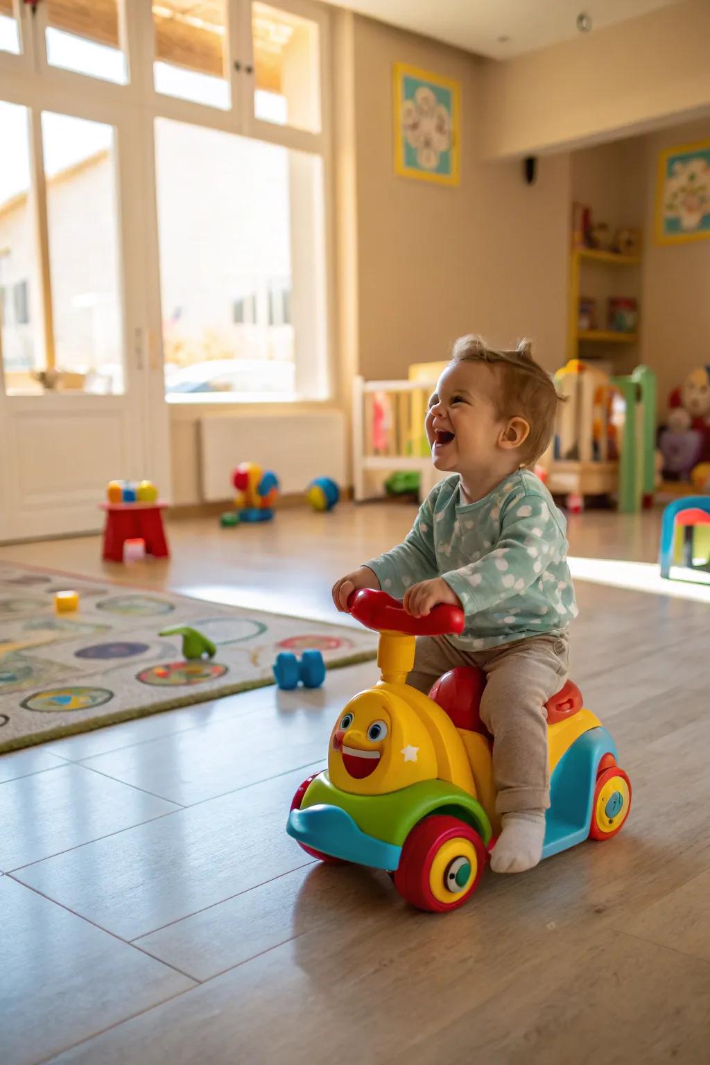 Joyful zooming on a playful rolling toy.