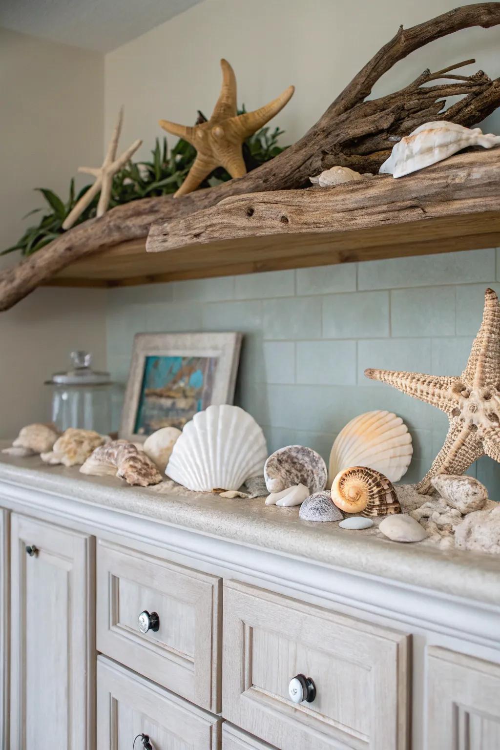 Bring the beach indoors with coastal accents atop your cabinets.