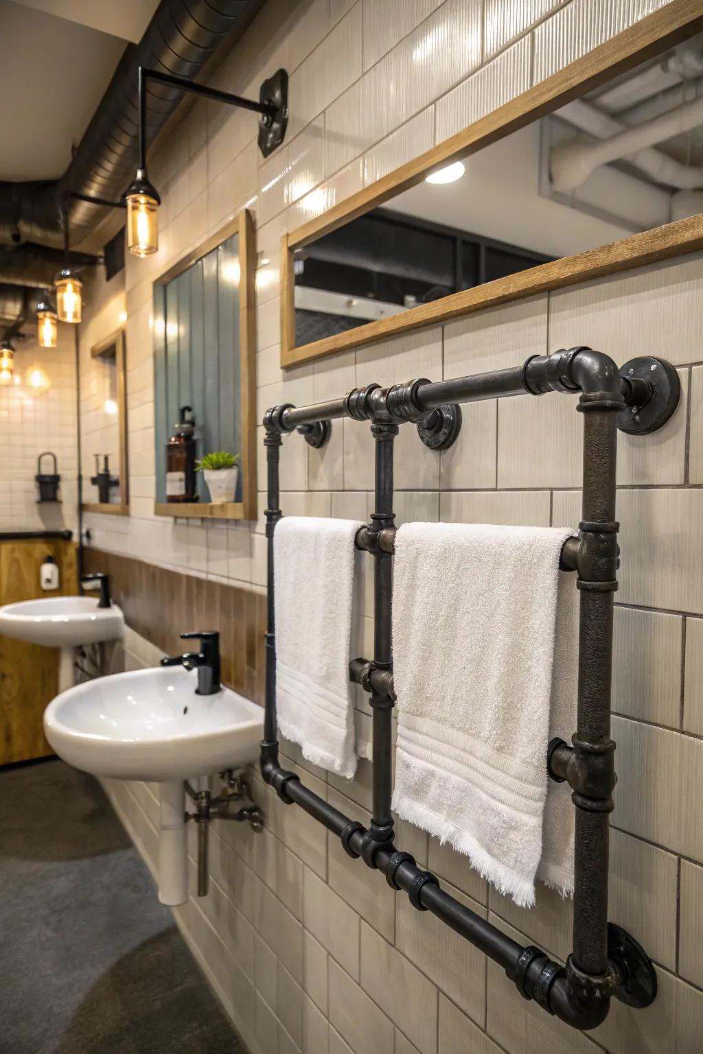 Industrial pipes add a robust charm to towel hanging solutions.