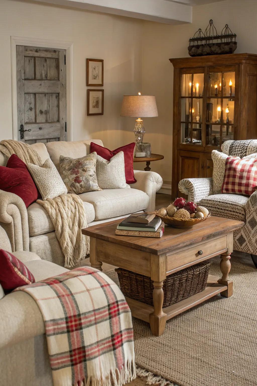 A cozy, layered look invites relaxation in this classic living room.