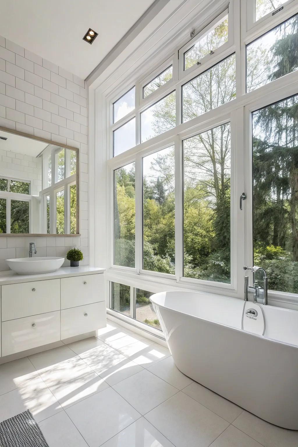 A white bathroom awash in sunlight streaming from expansive windows, crafting a radiant and airy atmosphere.