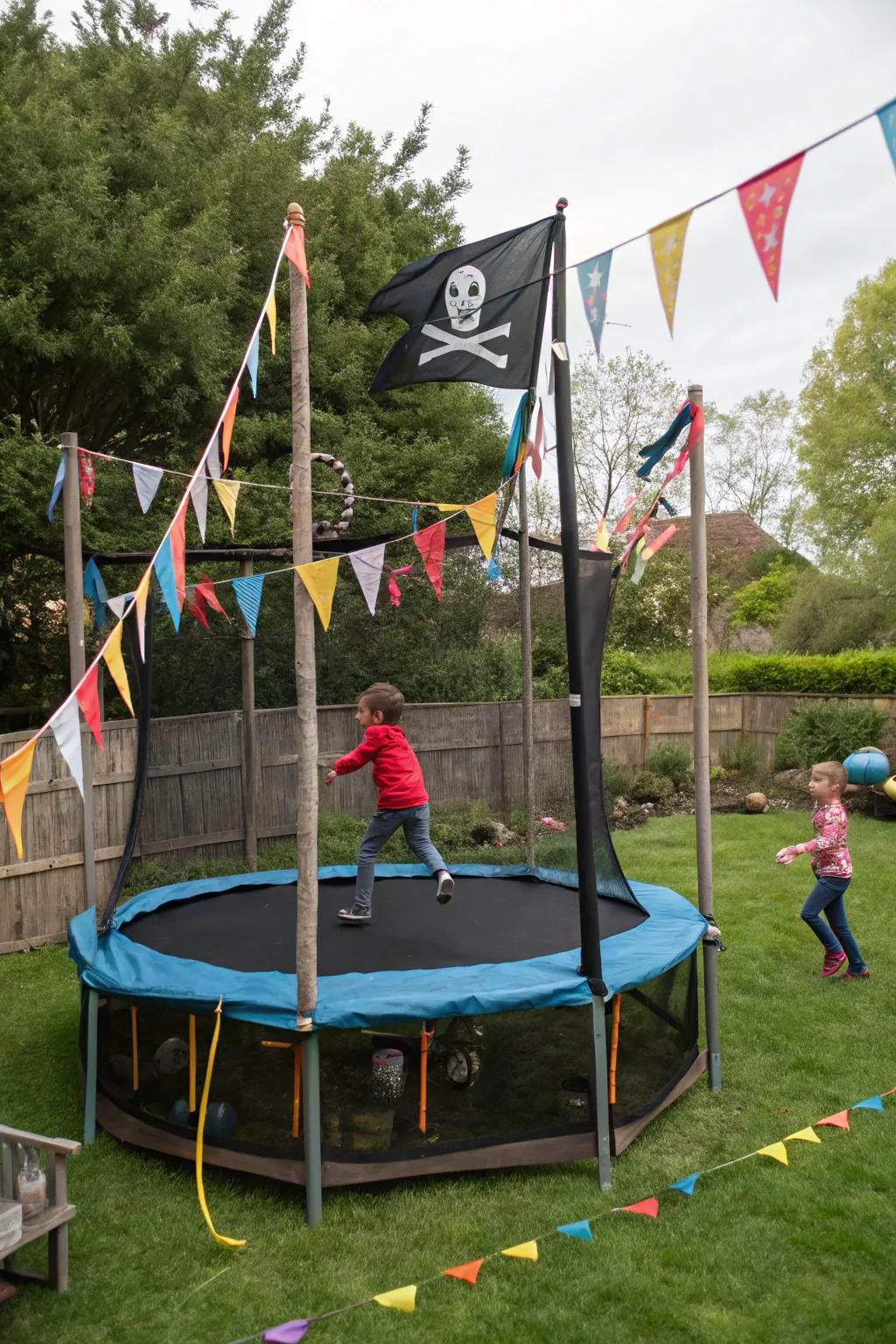 A trampoline transformed into a themed play zone with colorful decorations.