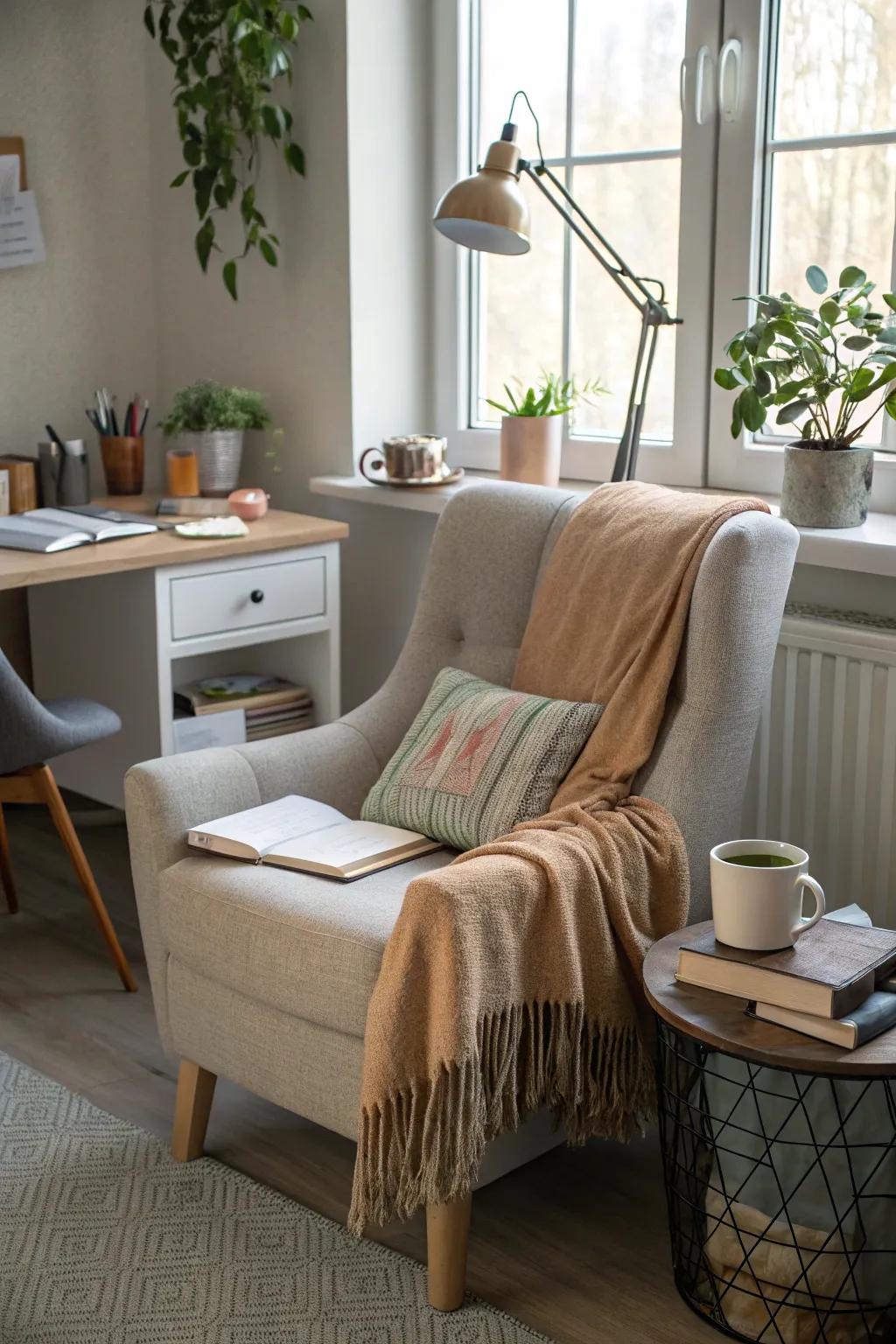 Inviting seating spaces offer the ideal nook for a brief escape.