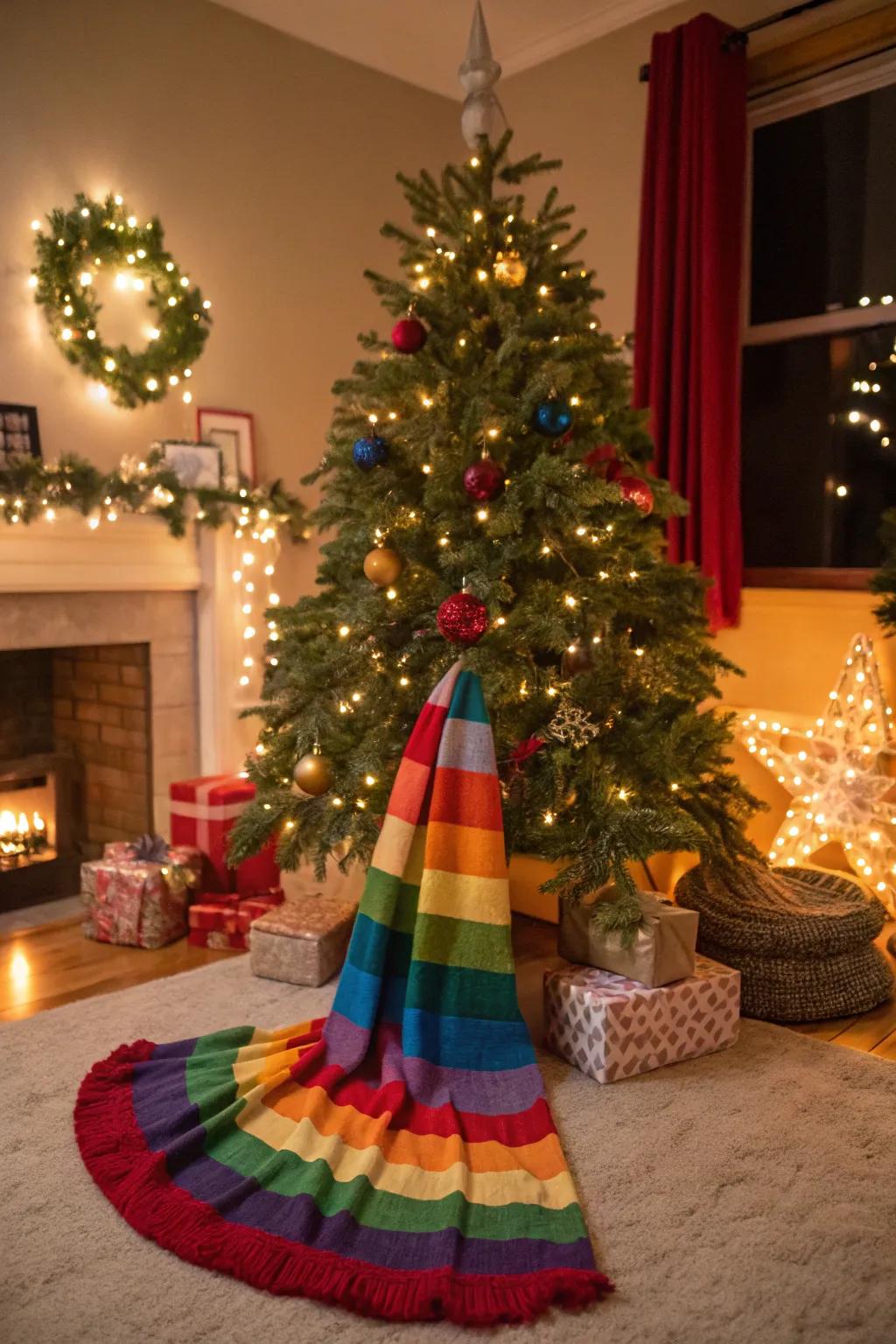 A scarf introduces a playful and colorful element to your tree base.