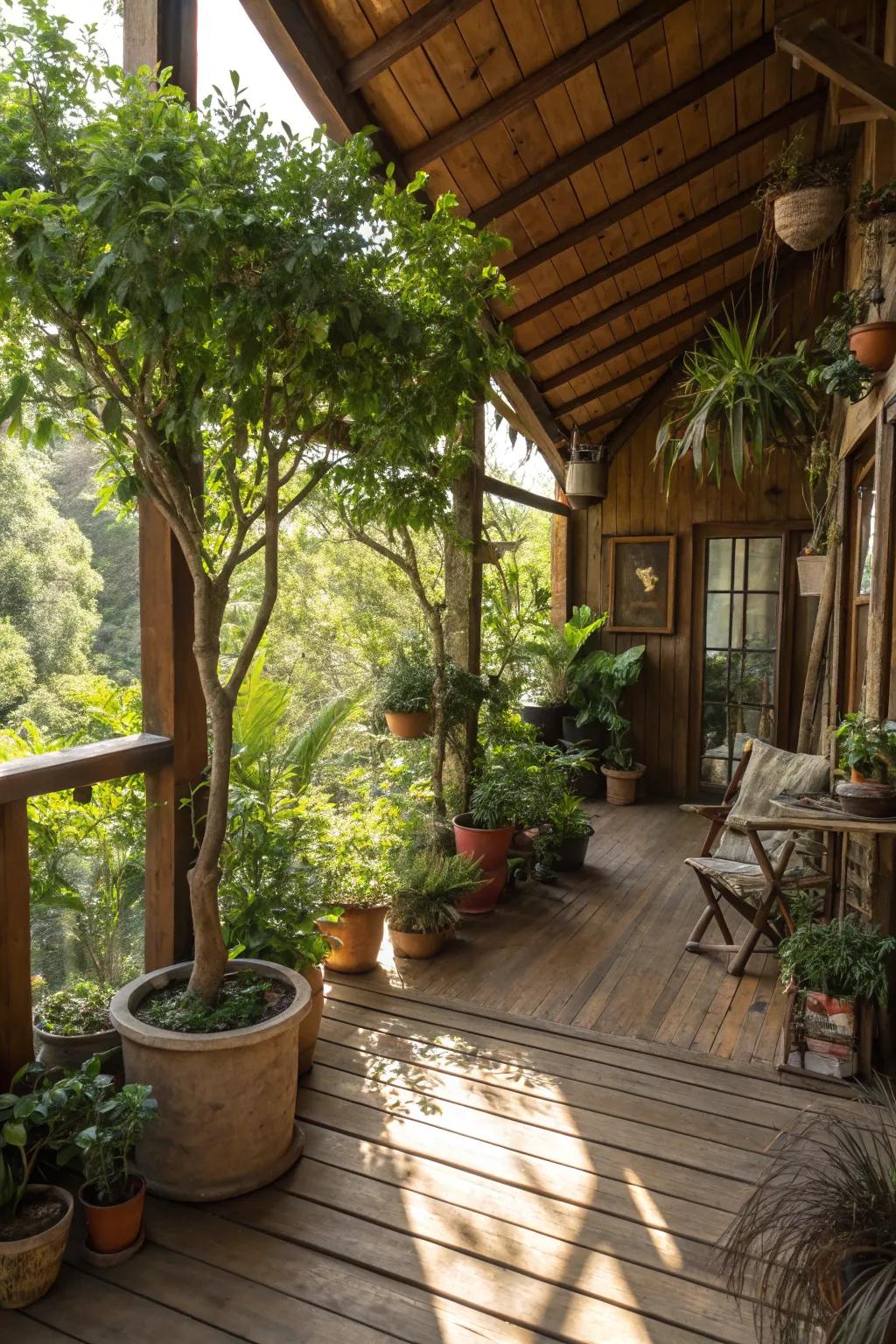 A touch of nature in a treehouse, with potted plants and small trees enhancing the interior.