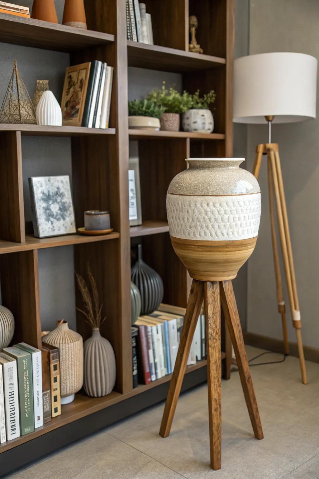 The incorporation of assorted materials in three-legged stands results in a compelling visual effect.