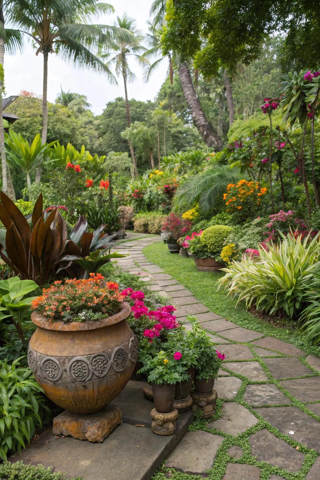 Whimsical elements adding charm and surprise to the tropical garden.