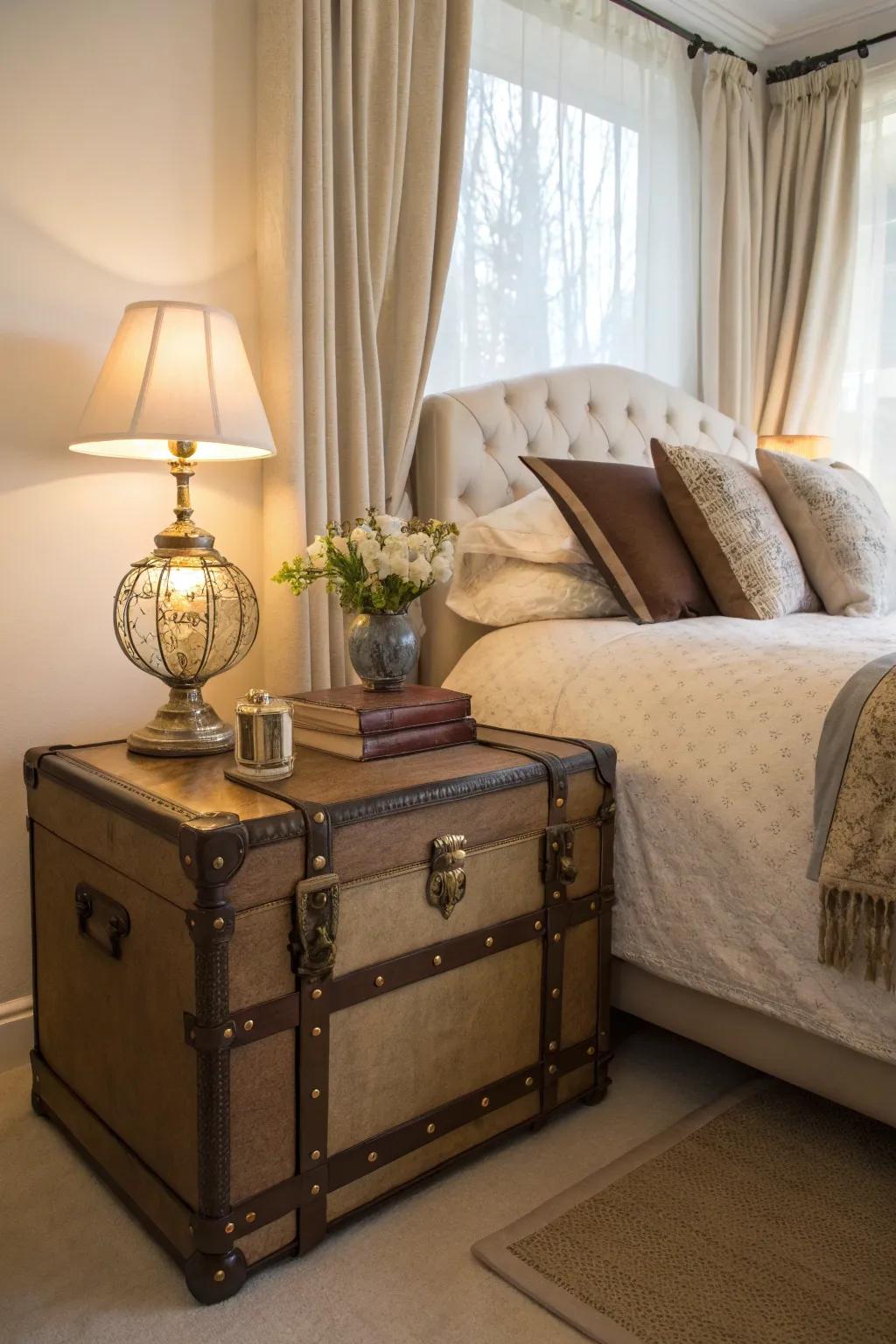A trunk acts as a nightstand, blending style and storage by the bedside.