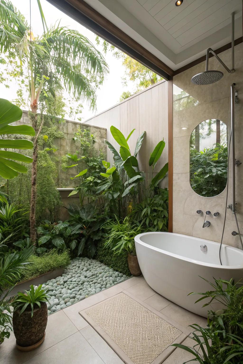 Vegetation introduces a stimulating, native feel to the tub-in-shower configuration.