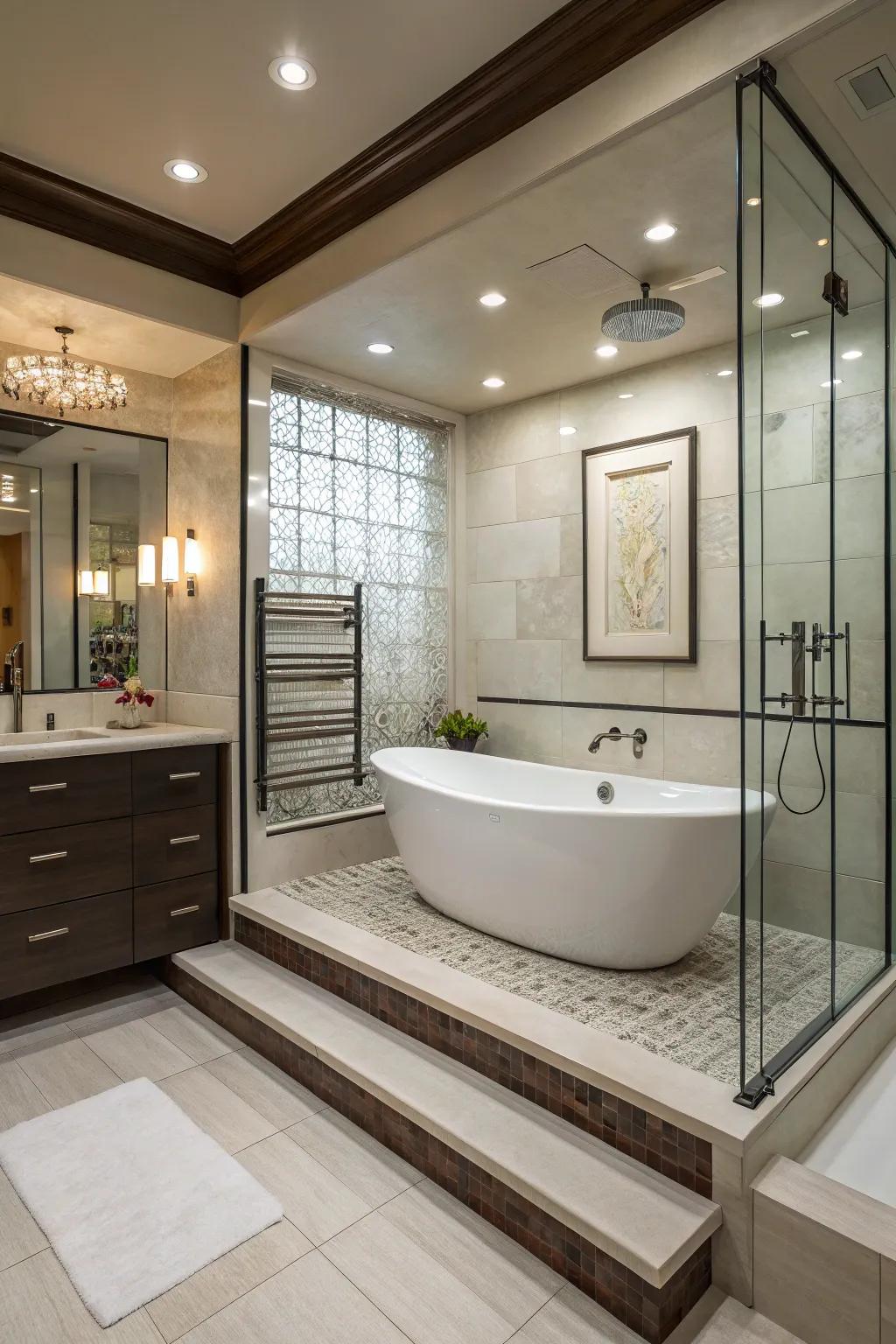 A raised stage elevates the tub as a focal attraction in this chic space.