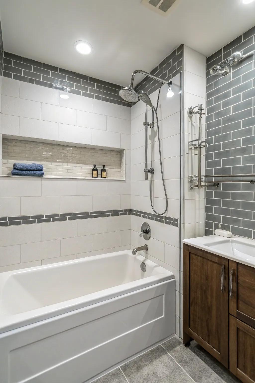 Multiple spray nozzles add a luxurious touch to this tub shower combination.