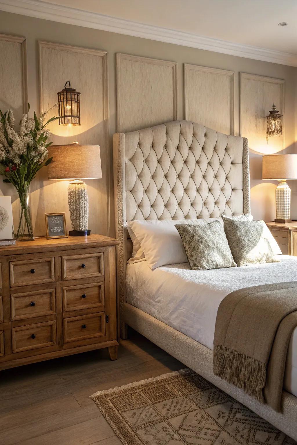 A cozy bedroom highlights a linen tufted headboard.