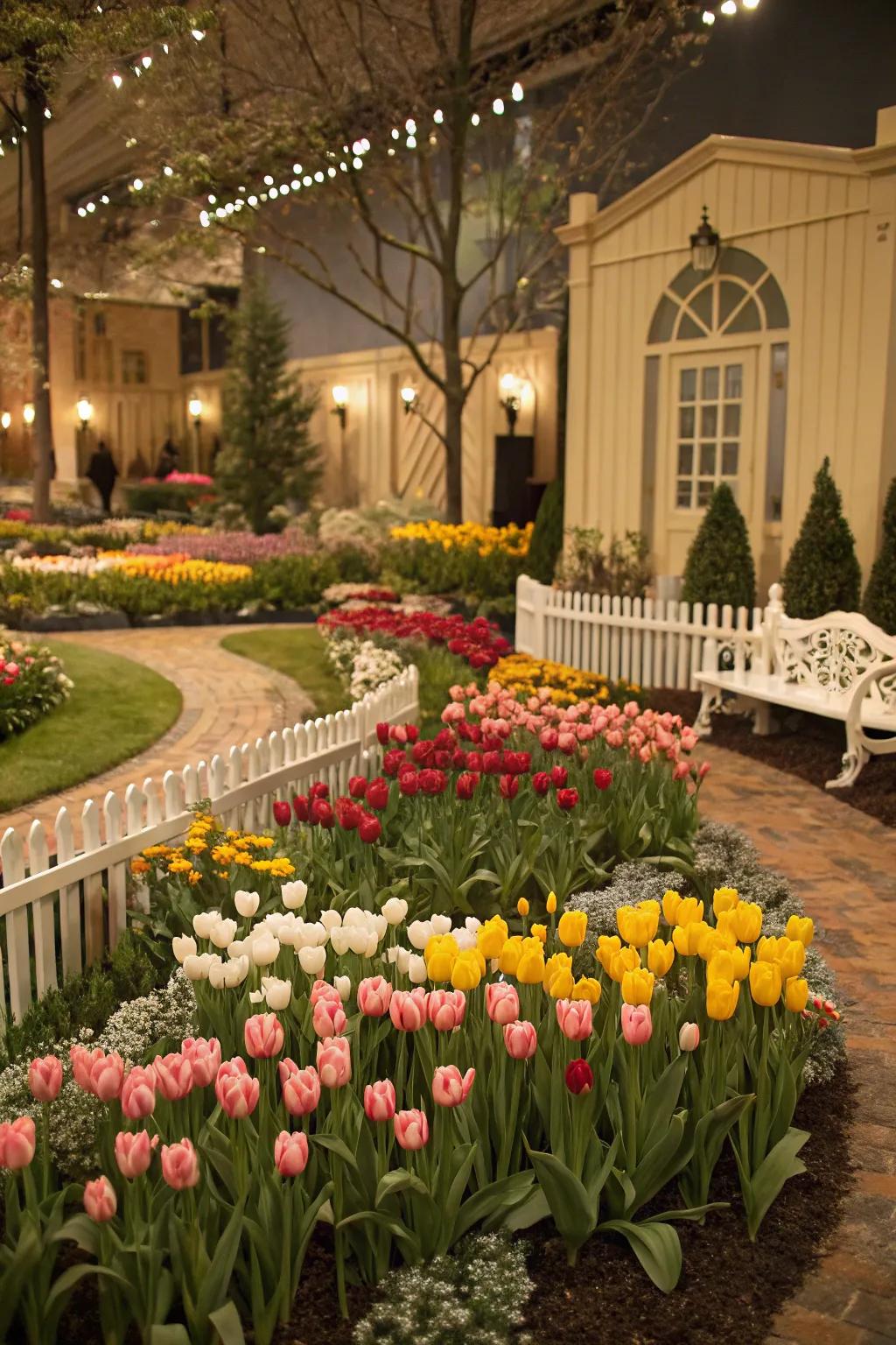 A themed tulip garden showing creativity and personal touch through color and design.