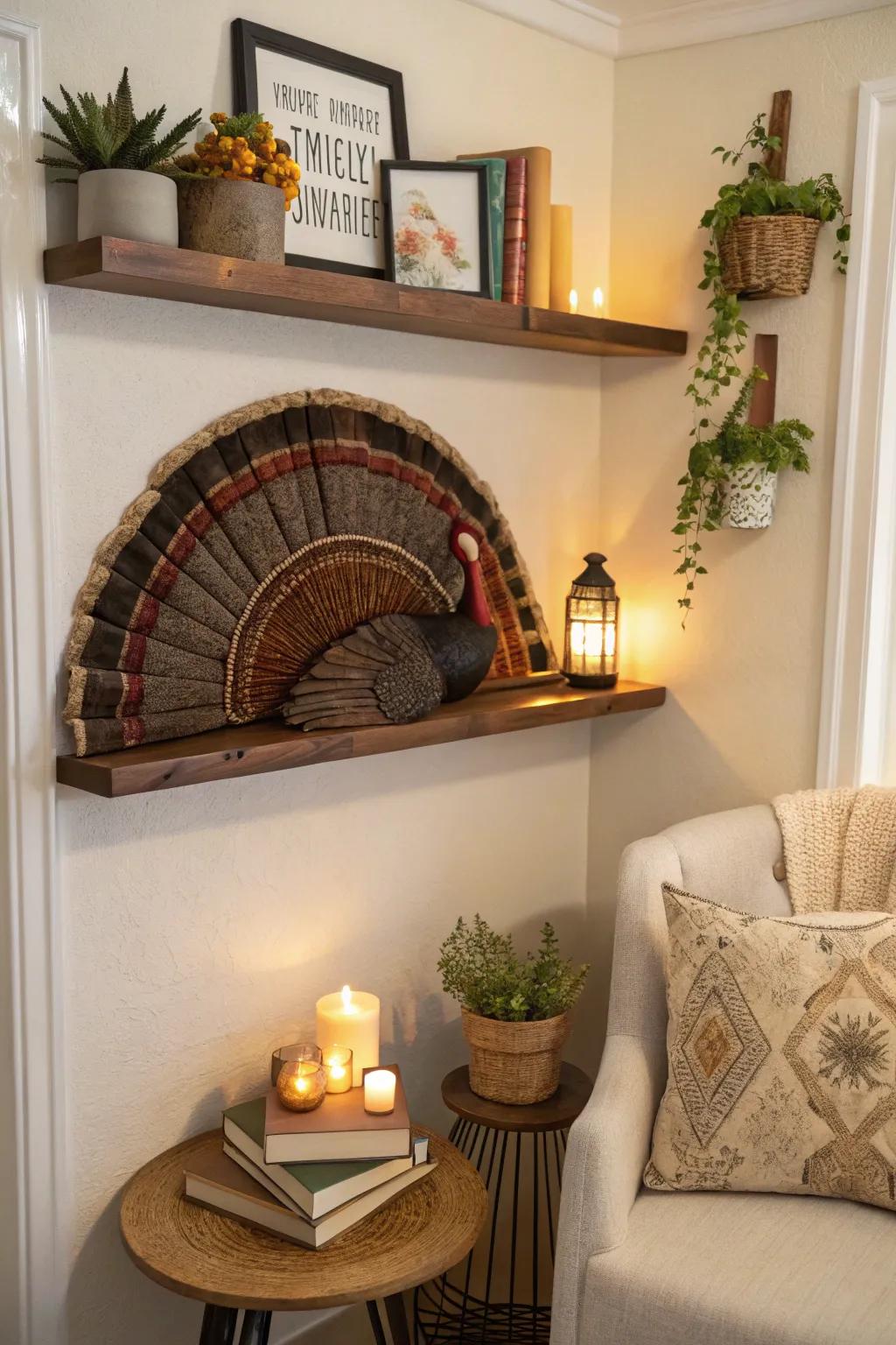 A wall-mounted ledge fashions a dynamic exhibit for a turkey tail.