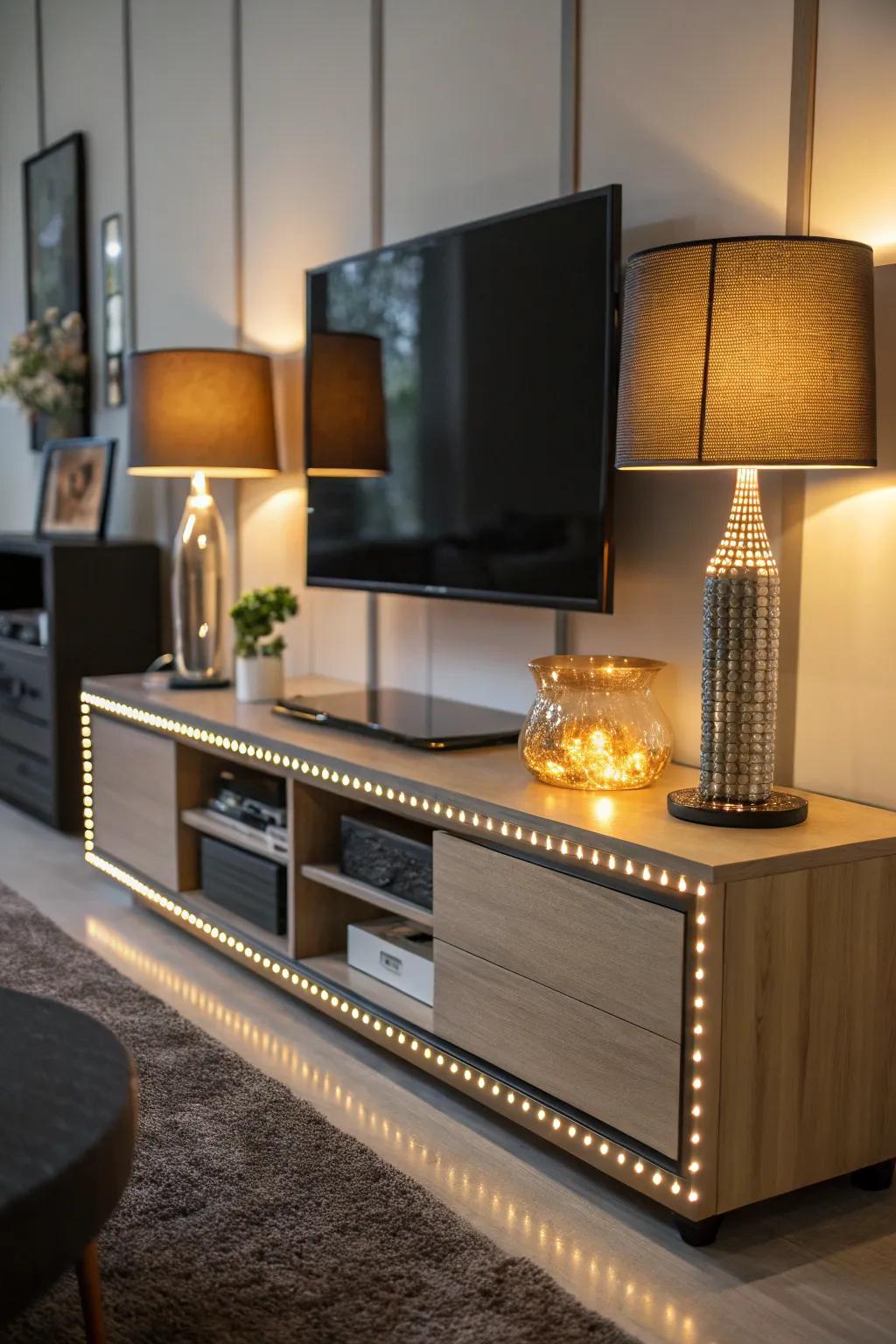 Integrated lighting elevating a TV console arrangement.