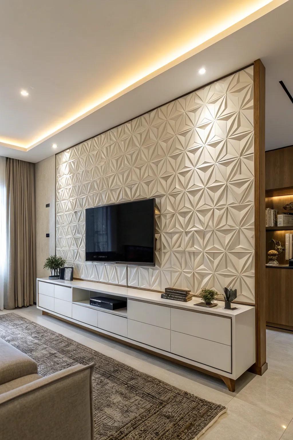 Symmetrical layouts add a modern twist to this TV wall design.