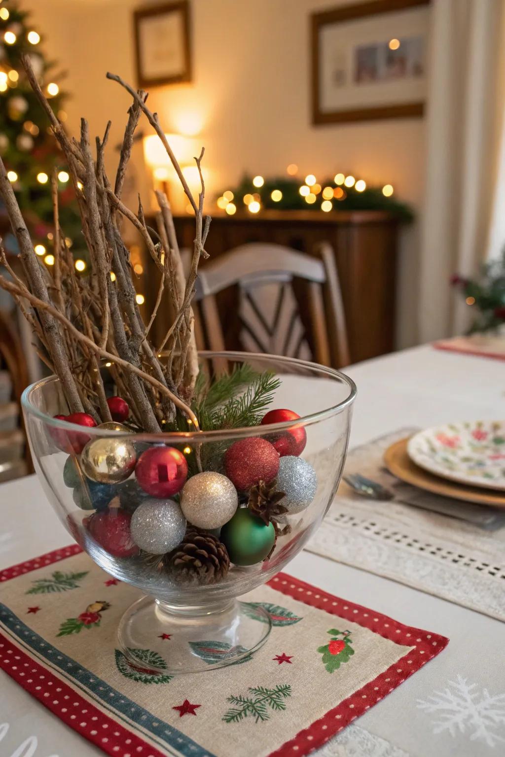 A festive arrangement of branches and baubles.