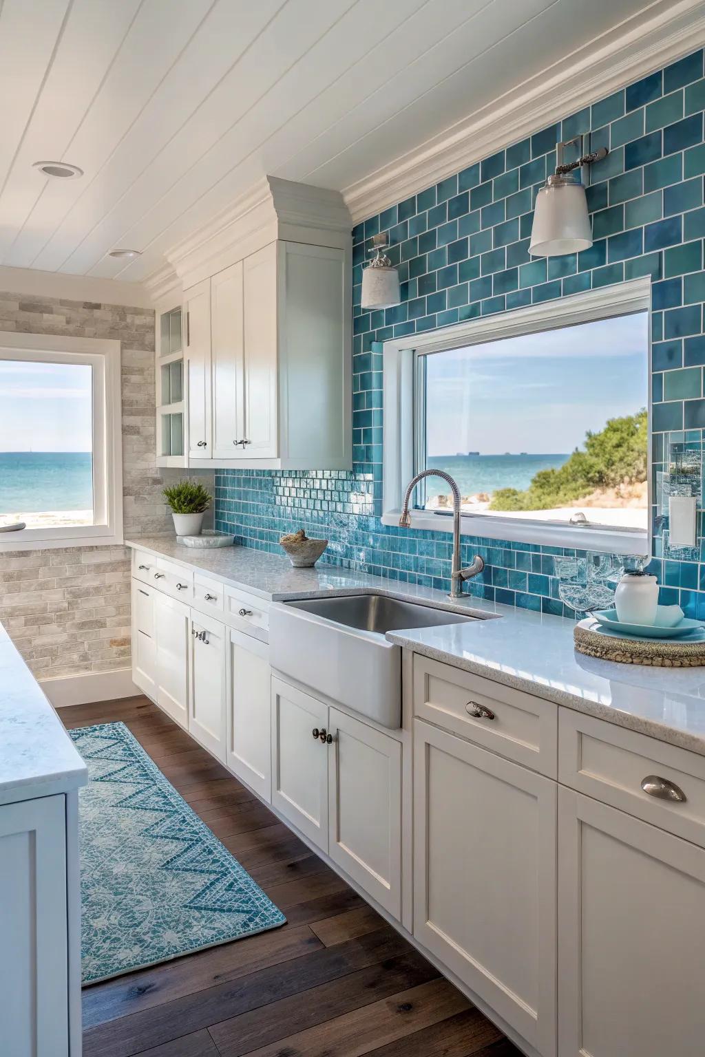 A kitchen adorned with cohesive yet varied backsplash motifs.