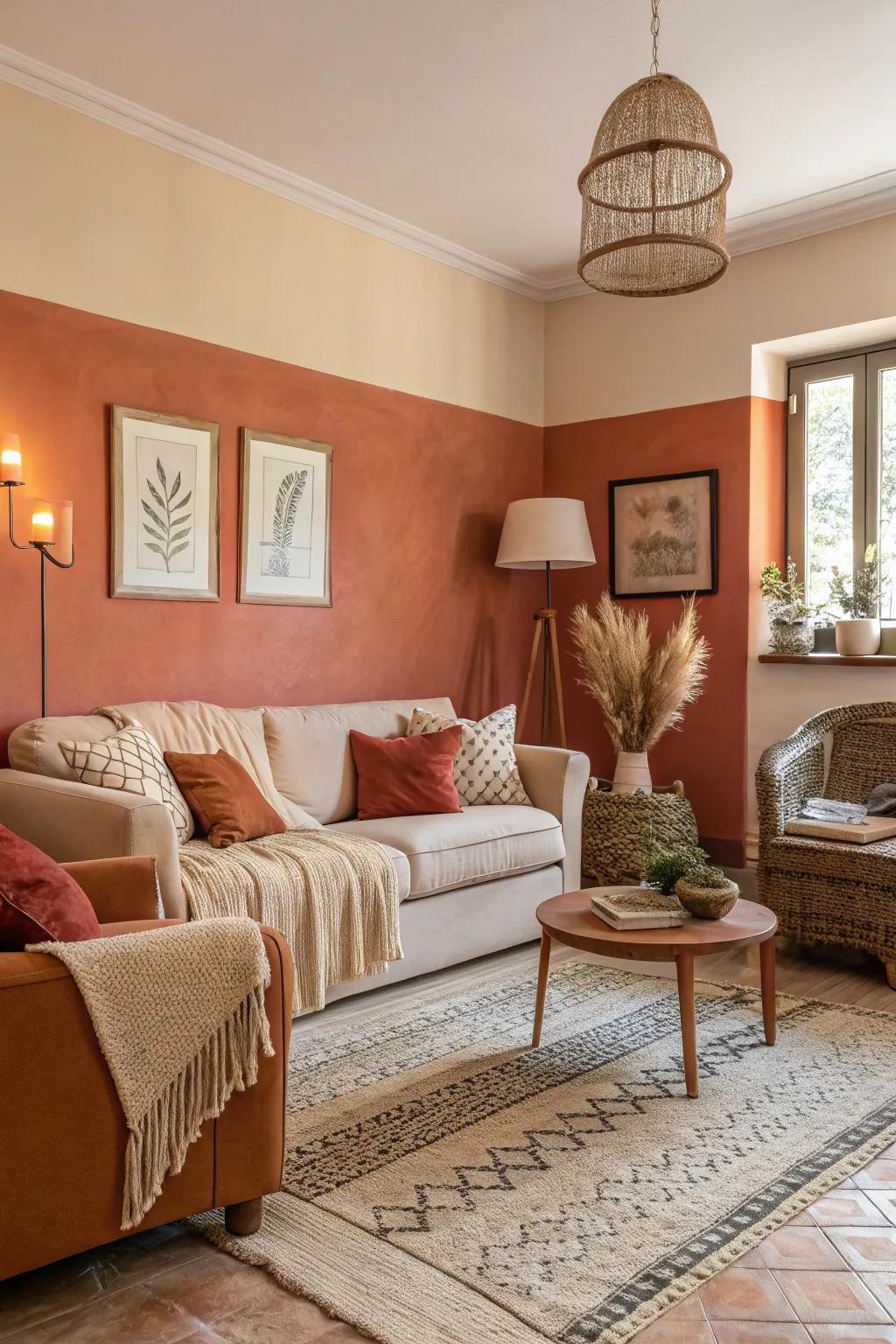 Natural baked clay and sand walls for a welcoming family room.