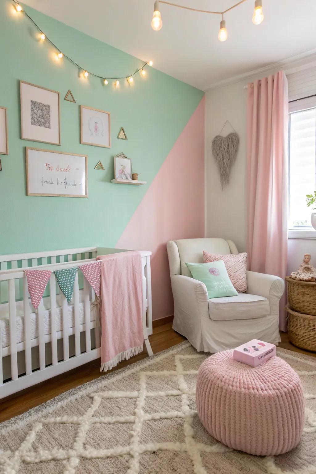 Nursery showcasing a soft pastel two-toned wall.