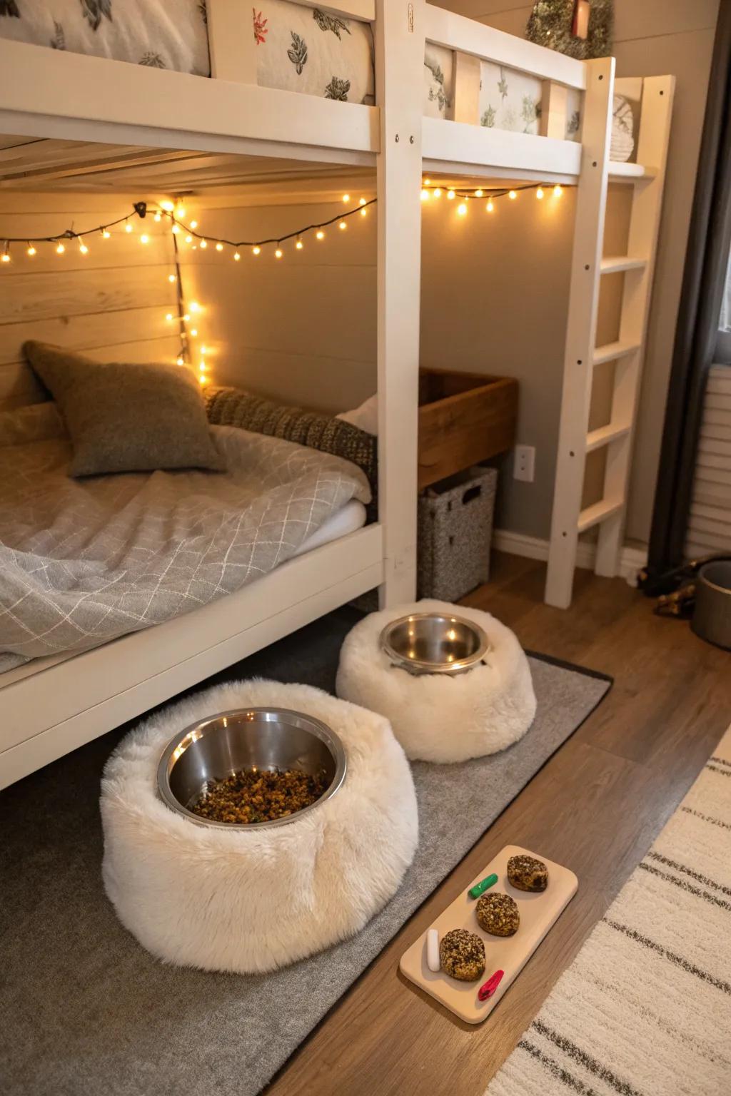 A cozy animal sanctuary beneath the bunk bed.