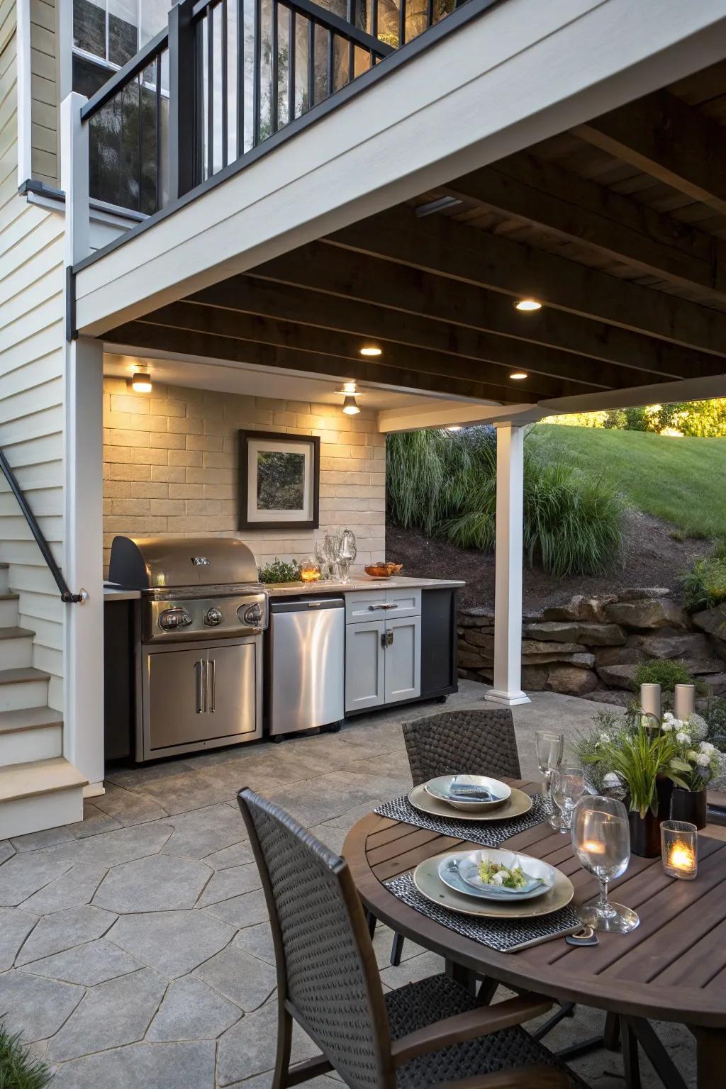Cook and dine using an outdoor cooking space.
