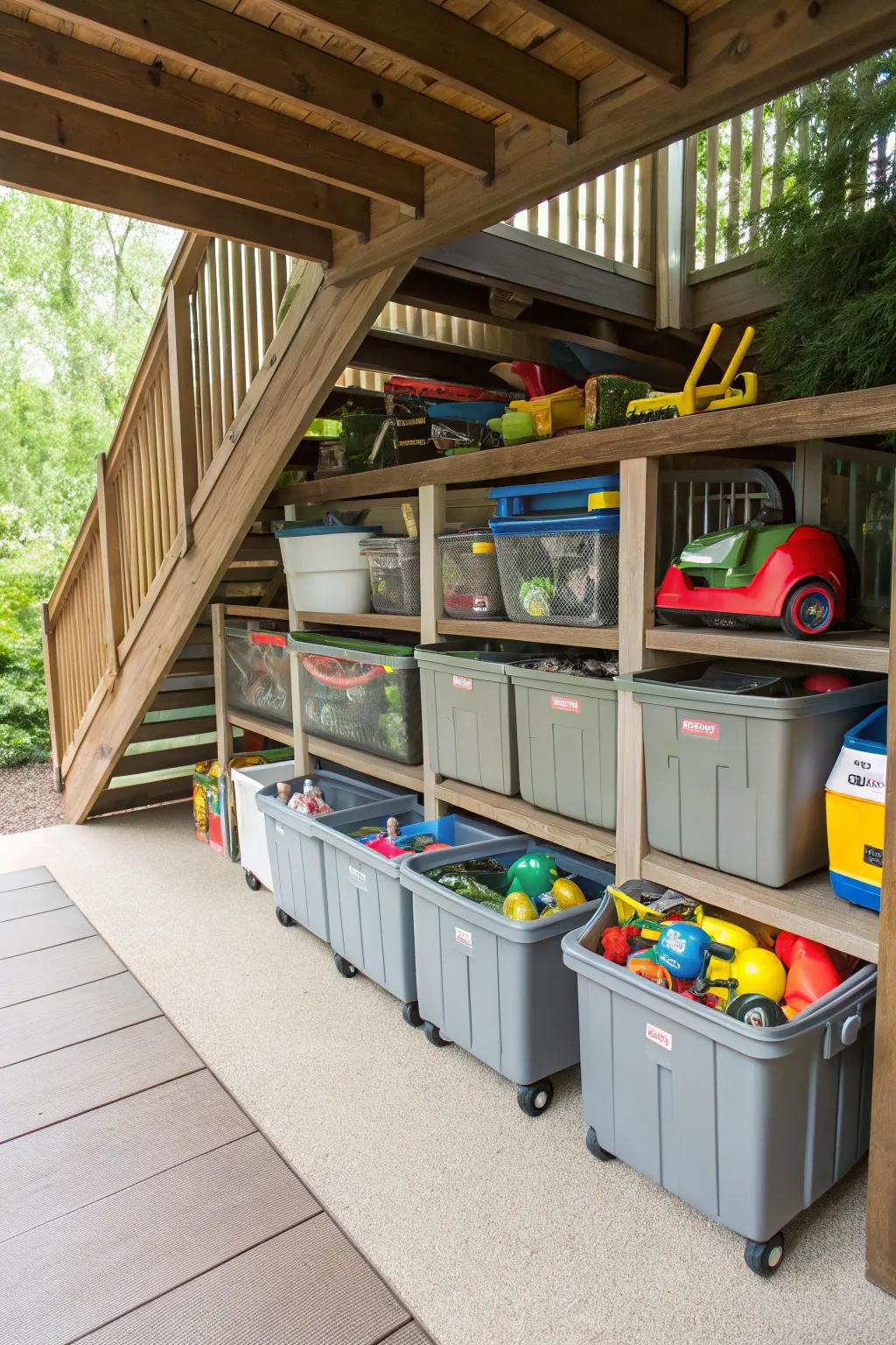 Mobile bins make it simple to get to and from under-deck storage.
