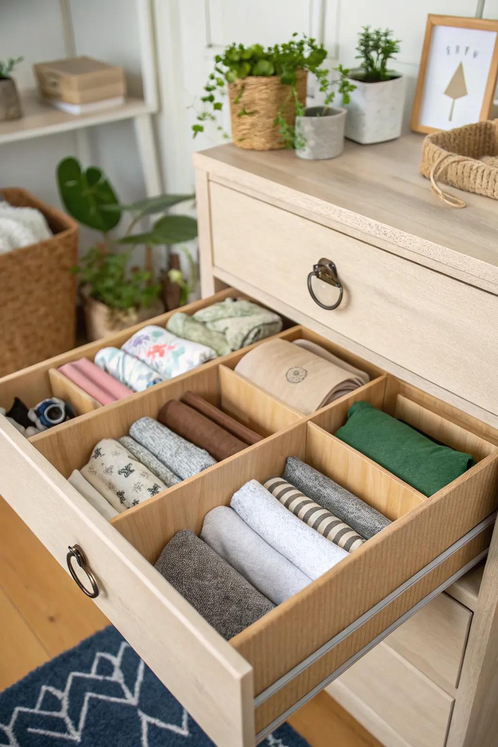 Repurposed boxes for sustainable drawer arrangement.