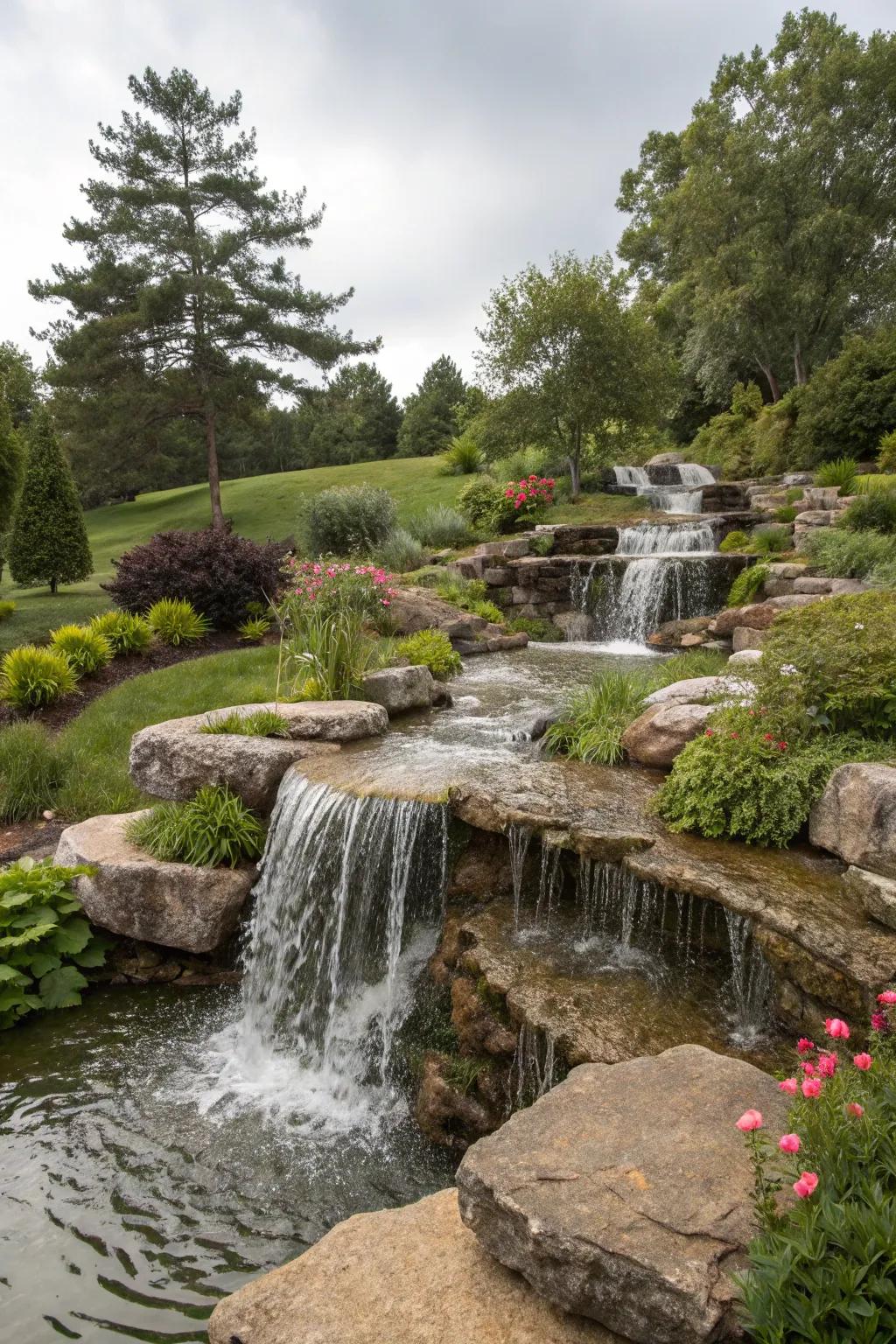 Tiered cascades add depth and drama to outdoor areas.