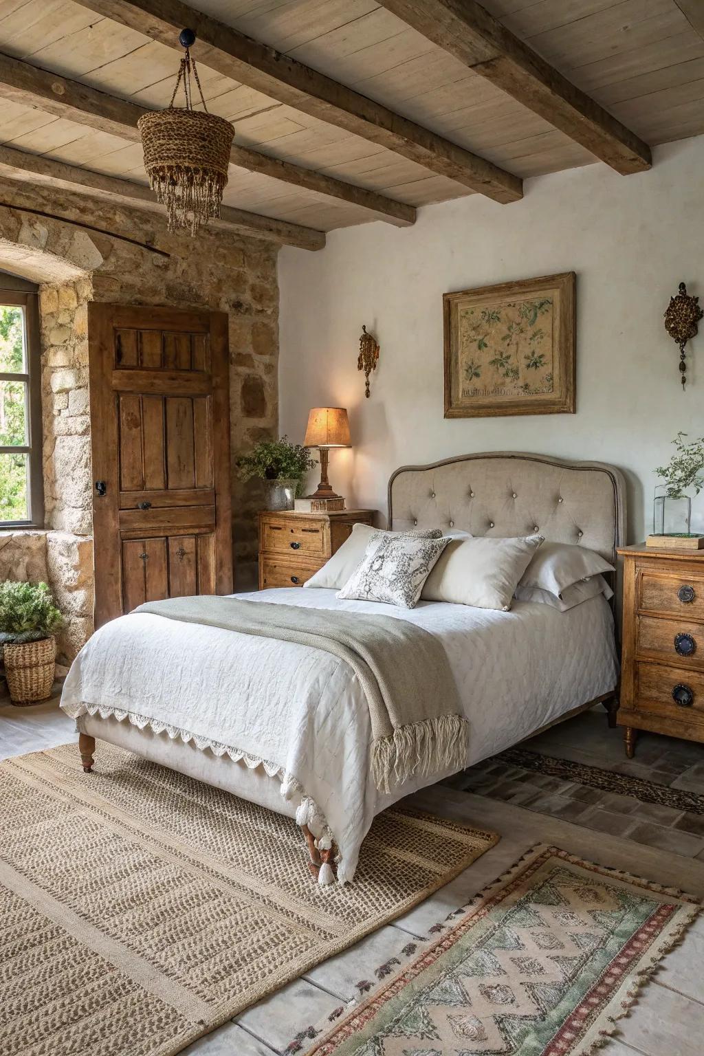 This welcoming bedroom design is enhanced by the rustic charm of linen.