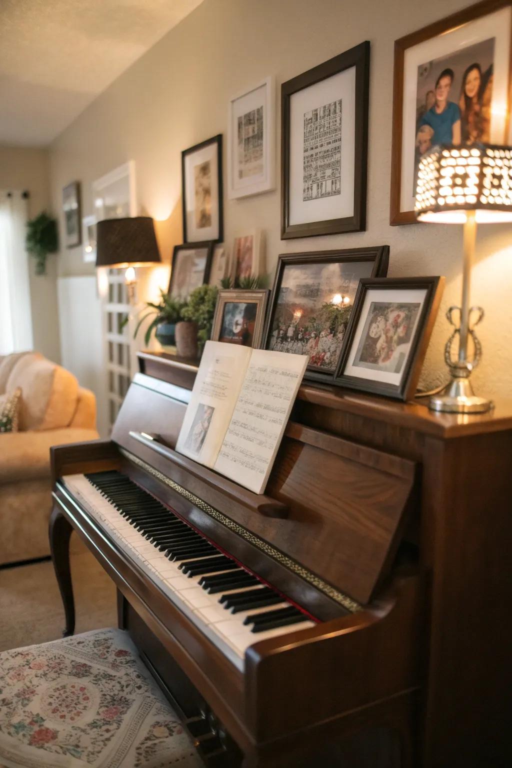 A warm home featuring an upright piano, embellished with personal photos and uplifting quotes.