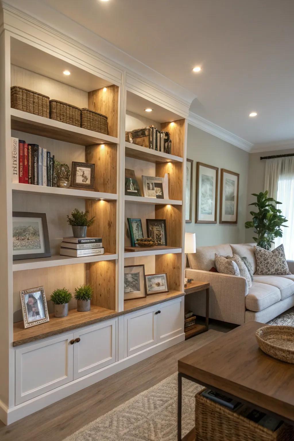 Open shelving offers practical and ornamental storage.