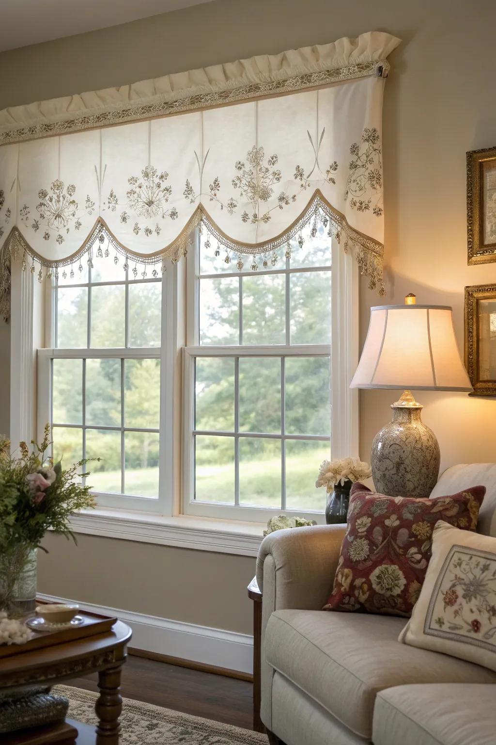 An artistic living room featuring a window with an embroidered applique valance.