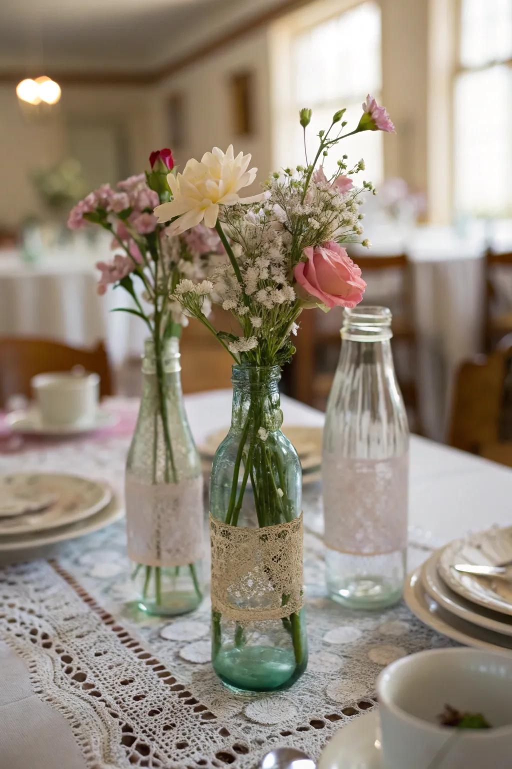 Eclectic charm with vintage glass bottle vases.