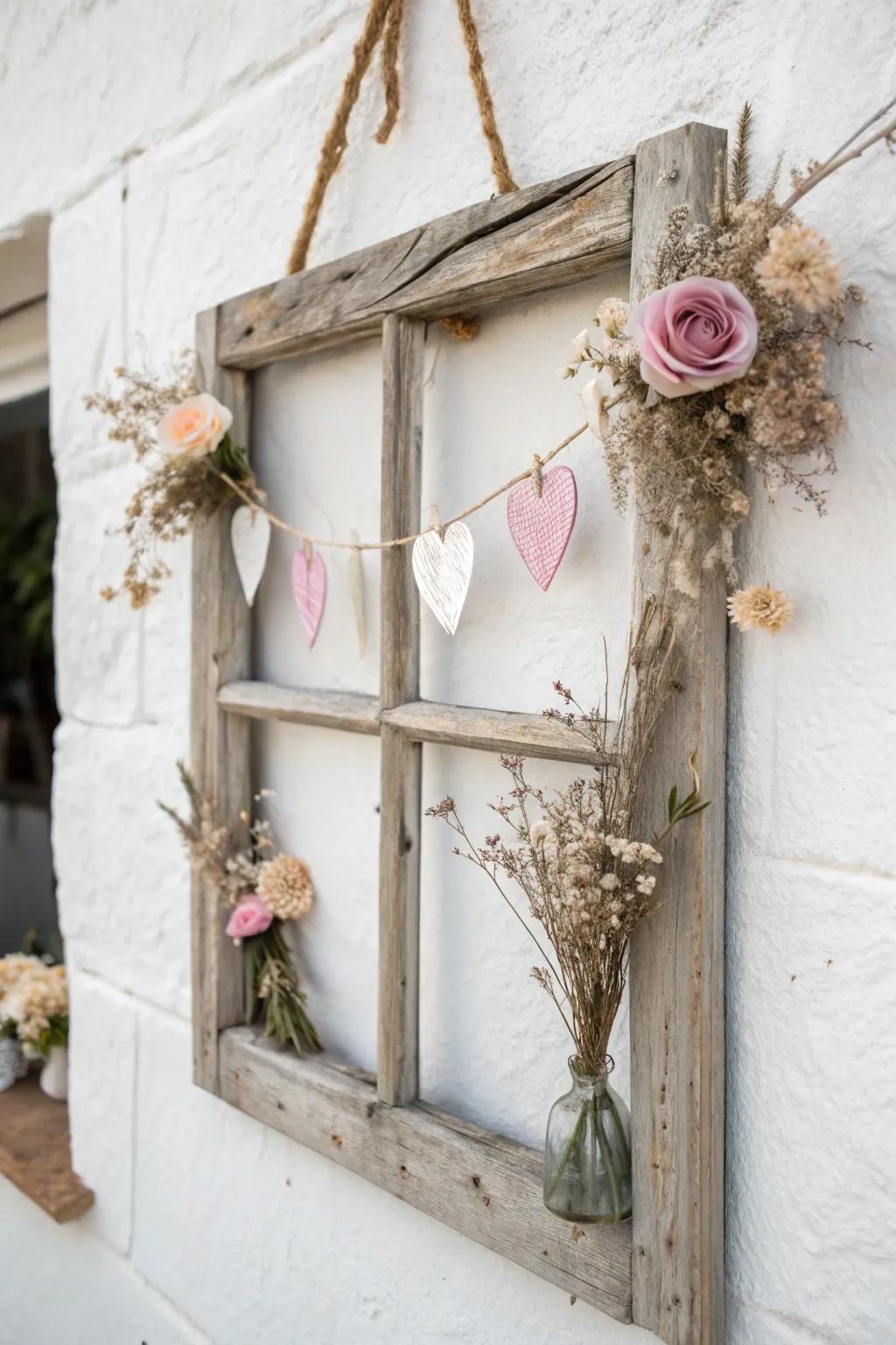 Transform your Valentine’s décor with an enchanting window pane wreath, where rustic aesthetics converge with romance.