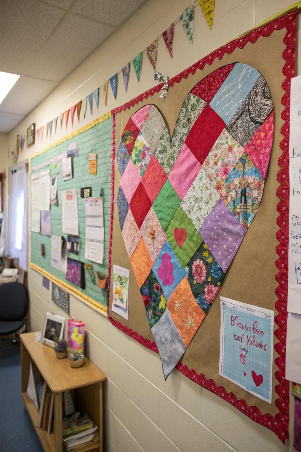A Patchwork Heart bulletin board crafted from dynamic fabric or paper.