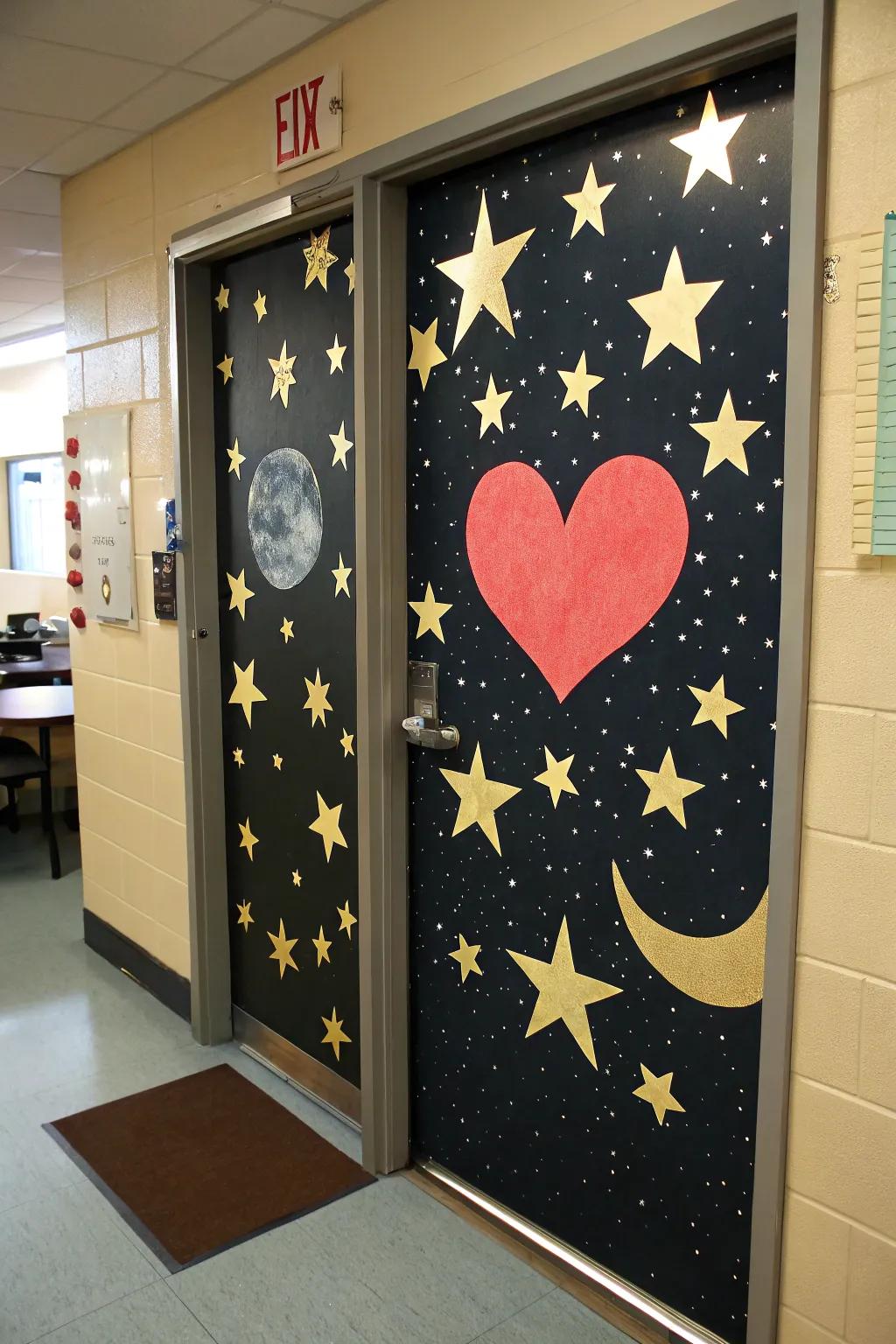 A magical learning space door featuring a starry twilight motif, highlighting stars and a central heart.